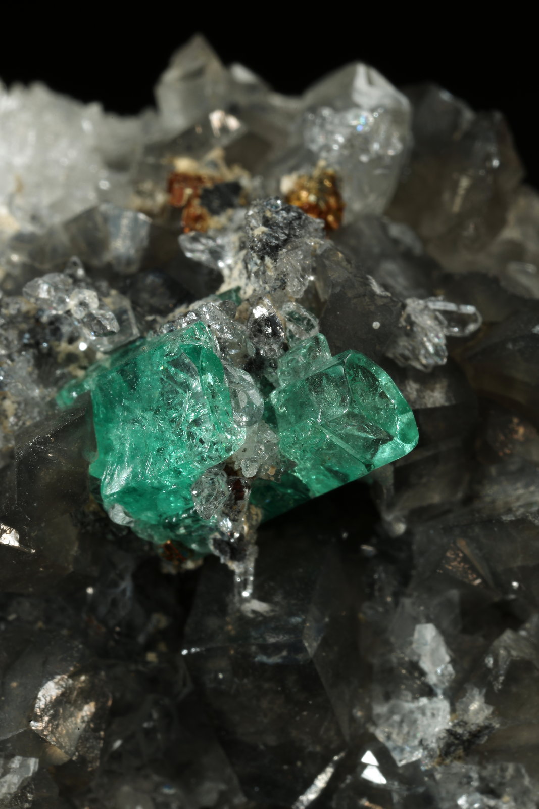 Beryl (variety emerald), Calcite, Dolomite, Pyrite, Quartz
66x49x24mm, main xl=6x4mm
(Autor: Fiebre Verde)