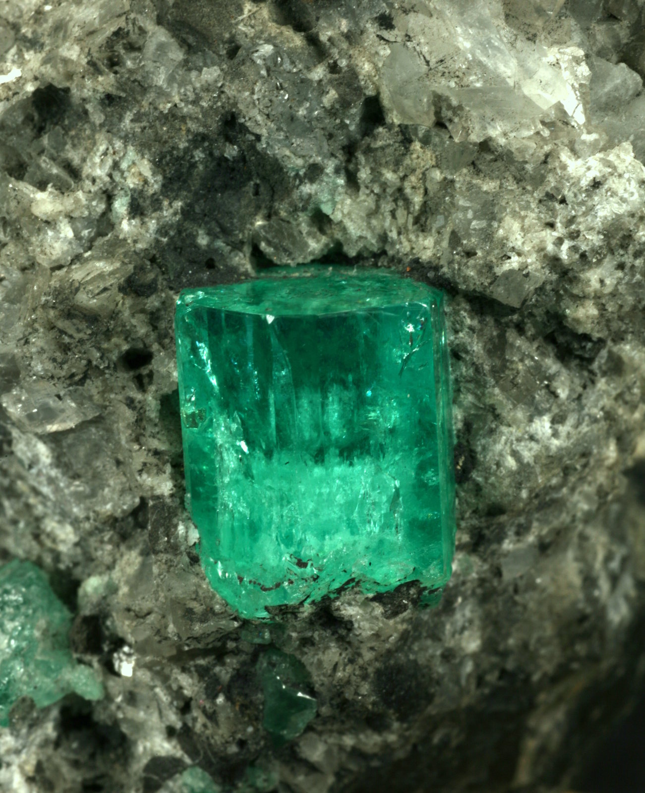 Beryl (variety emerald), Calcite
Detail - xl length=12mm
(Autor: Fiebre Verde)