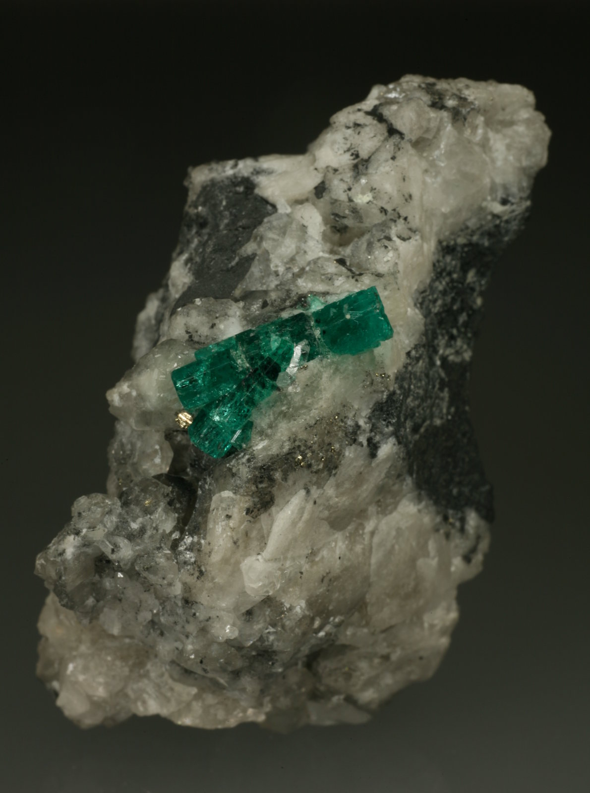Beryl (variety emerald), Calcite, Pyrite, Quartz
60x35mm, main xl=16mm
(Autor: Fiebre Verde)