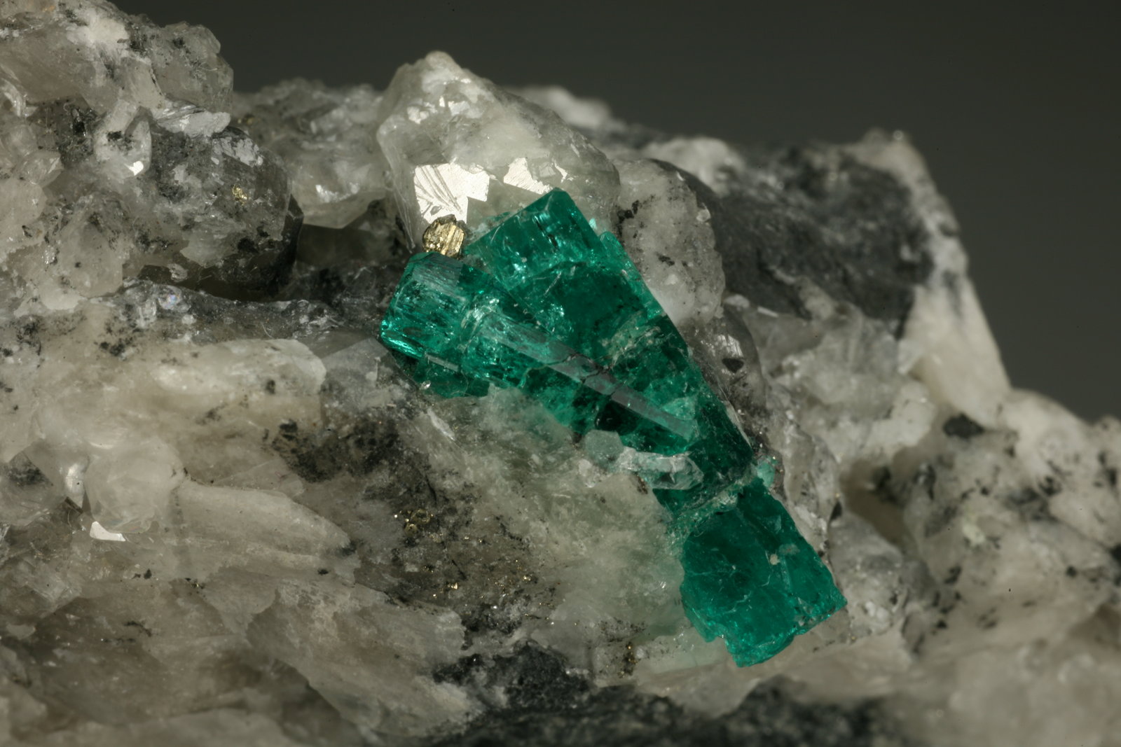 Beryl (variety emerald), Calcite, Pyrite, Quartz
60x35mm, main xl=16mm
(Autor: Fiebre Verde)