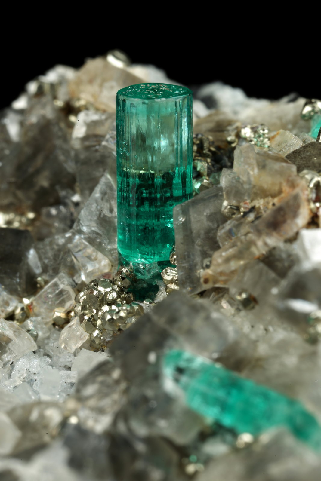 Beryl (variety emerald), Albite (variety cleavelandite), Pyrite, Calcite
44x23x24mm, main xl=8mm
(Autor: Fiebre Verde)