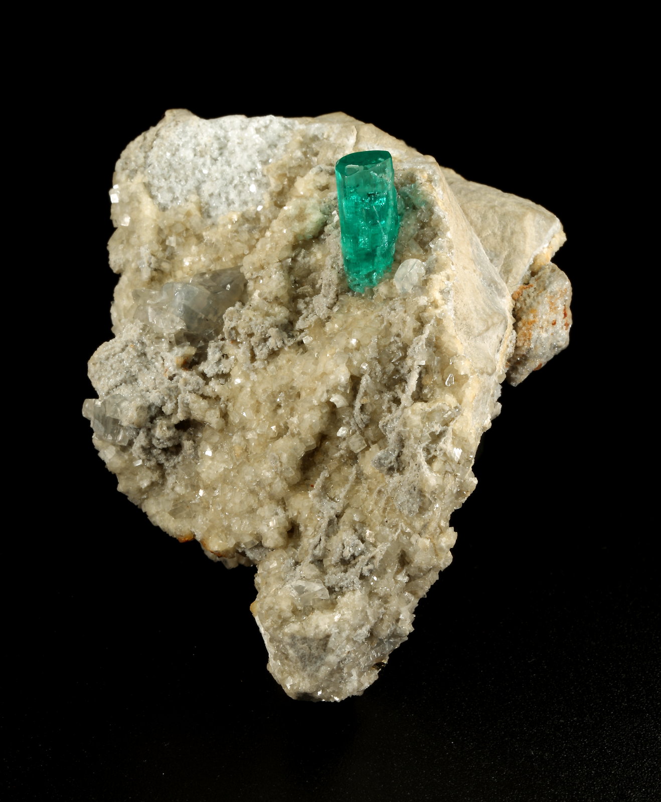 Beryl (variety emerald), Albite (variety cleavelandite), Dolomite, Pyrite
58x28x42mm, xl=11x4.5mm
(Autor: Fiebre Verde)