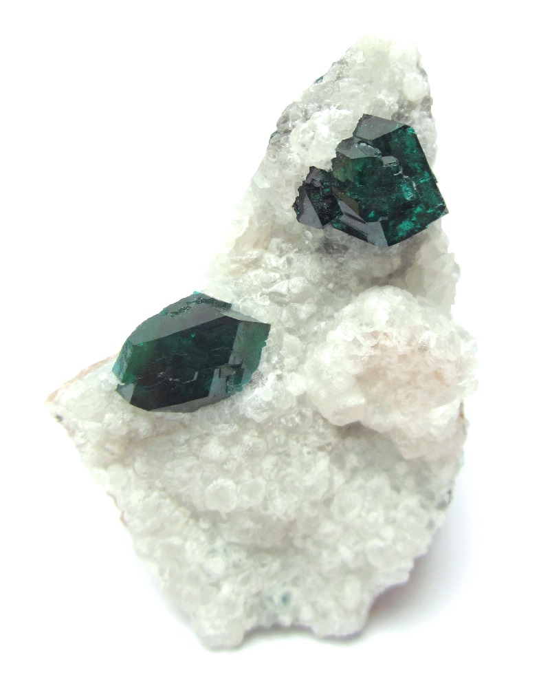 Dioptase
Specimen height 5 cm, larger dioptase measures 1,3 cm
(Autor: Tobi)