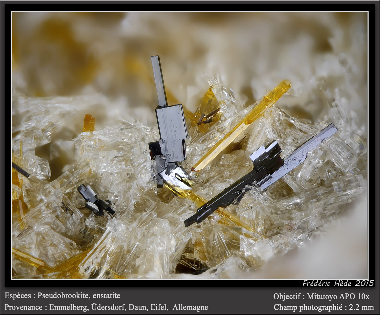 Pseudobrookite and Enstatite
fov 2.2 mm
(Autor: ploum)