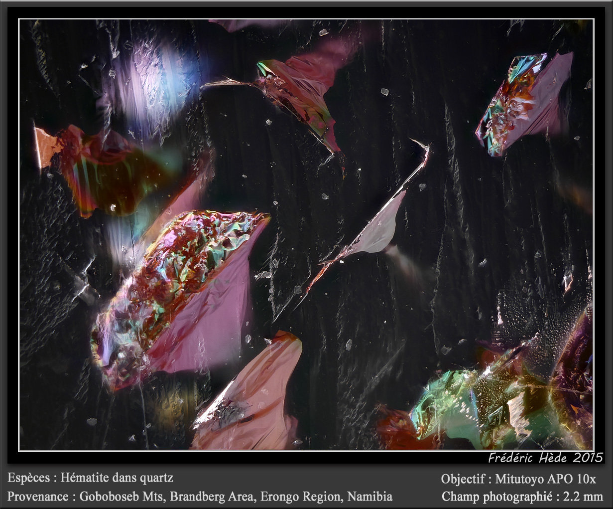 Hematite inclusions on Quartz
fov 2.2 mm
(Autor: ploum)
