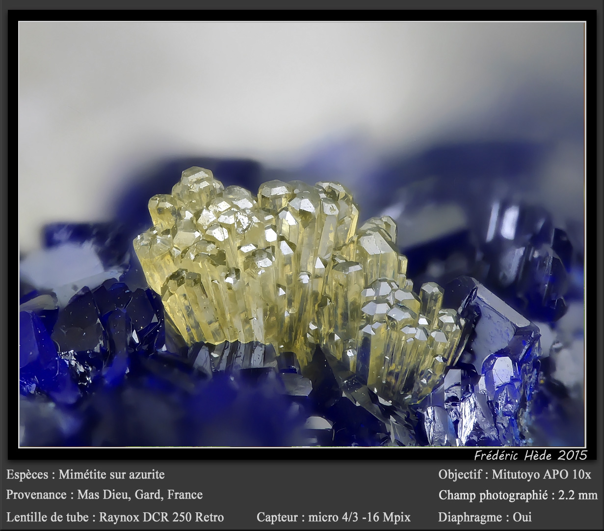 Mimetite on Azurite
fov 2.2 mm
(Autor: ploum)