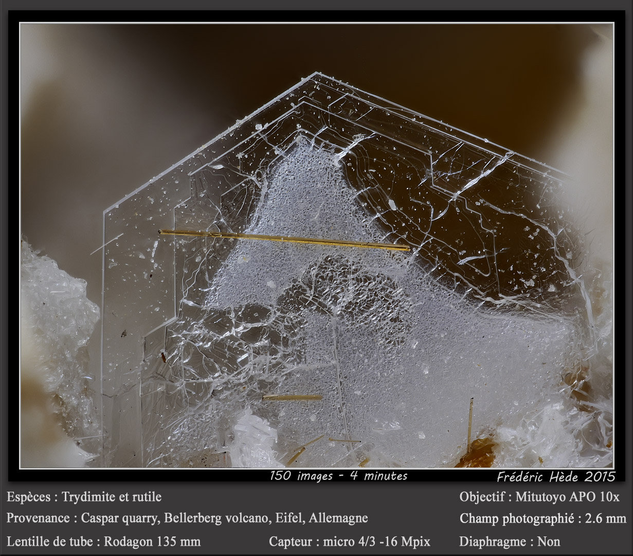 Tridymite and Rutile
fov 2.6 mm
(Autor: ploum)