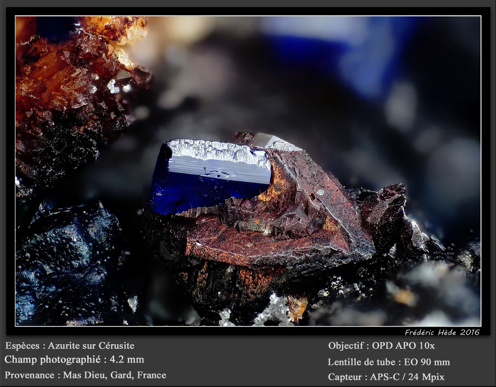 Azurite on Cerussite
fov 4.2 mm
(Autor: ploum)