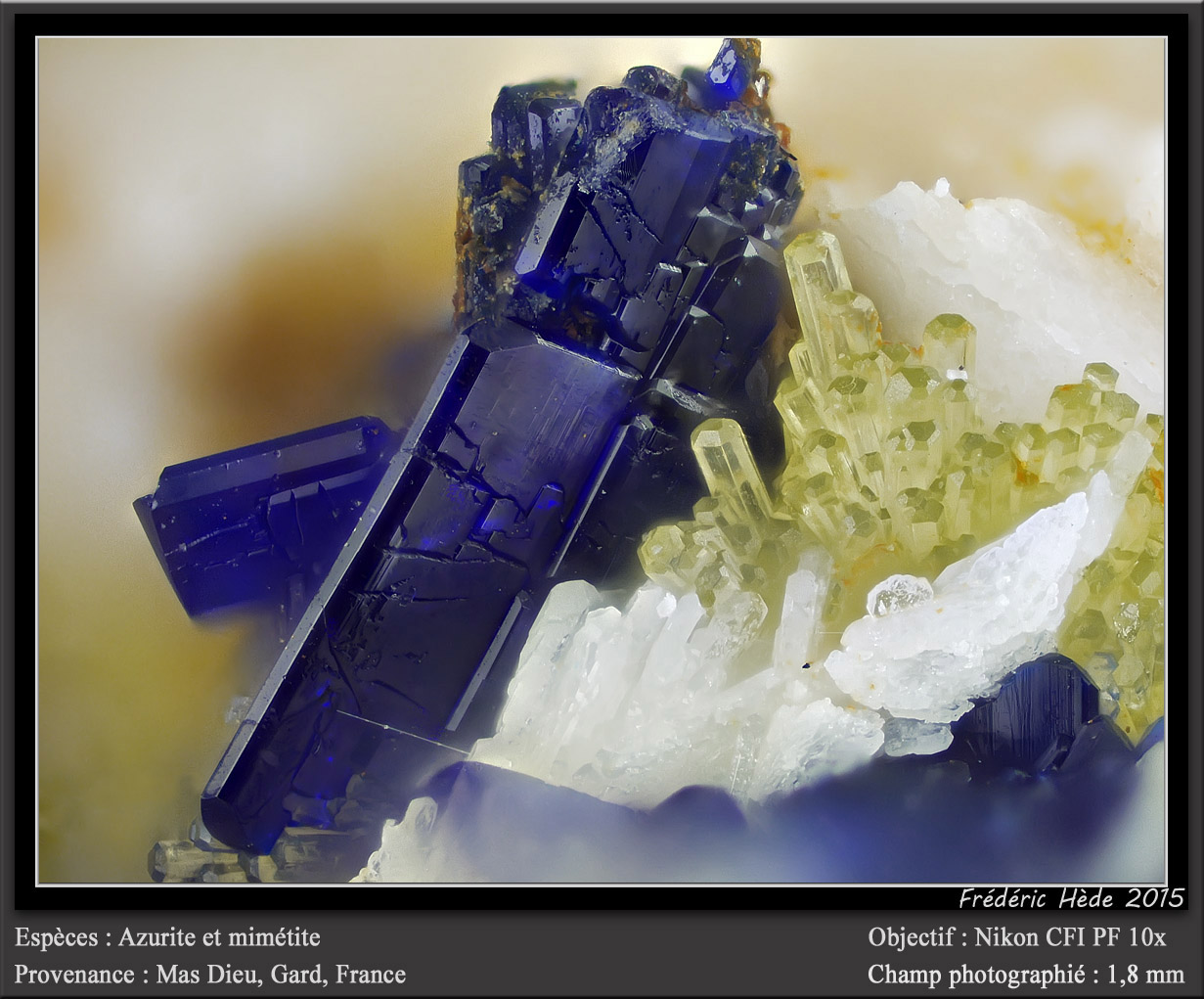 Azurite and mimetite
fov 1.8 mm
(Autor: ploum)