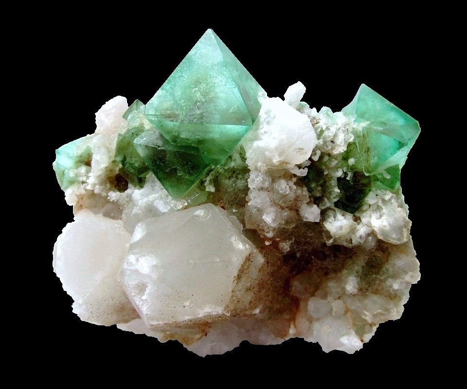 Fluorite, Quartz
Specimen size 6,5 cm, largest fluorite 2 cm
(Autor: Tobi)