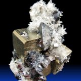 Tetrahedrite, Pyrite, Quartz, Sphalerite
77 mm x 71 mm x 54 mm. Tetrahedrite crystal: 24 mm on edge. Major pyrite crystal: 26 mm on edge
(Autor: Carles Millan)