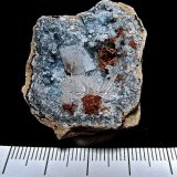 Calcite, Aragonite and Dolomite (variety ferroan) on Quartz
geode is about 3.3 cm, calcite is 0.7 cm, aragonite spray is 1.3 cm
(Autor: Bob Harman)