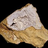 Aragonite or Kaolinite on Calcite on Quartz
Geode is 8 cm. The Calcite is 2 cm
(Autor: Bob Harman)