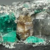 Beryl (variety emerald), Dolomite, Parisite-(Ce)
39x12x22mm, Parisite=5mm, largest Beryl=12mm
(Autor: Fiebre Verde)