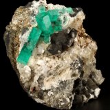 Beryl (variety emerald), Calcite, Dolomite, Pyrite
60x57x28mm, xls=20mm &amp; 16mm
(Autor: Fiebre Verde)