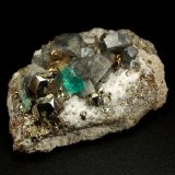 Beryl (variety emerald), Albite (variety cleavelandite), Pyrite, Calcite
47x16x29mm, xl=4mm
(Autor: Fiebre Verde)