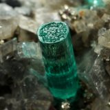 Beryl (variety emerald), Albite (variety cleavelandite), Pyrite, Calcite
44x23x24mm, main xl=8mm
(Autor: Fiebre Verde)