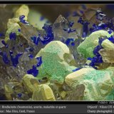 Bindheimite after bournonite with Azurite, Malachite and Quartz
fov 4.5 mm
(Autor: ploum)