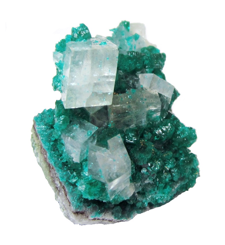 Calcite on dioptase
Specimen height 2,5 cm, large calcite 1 cm
(Autor: Tobi)