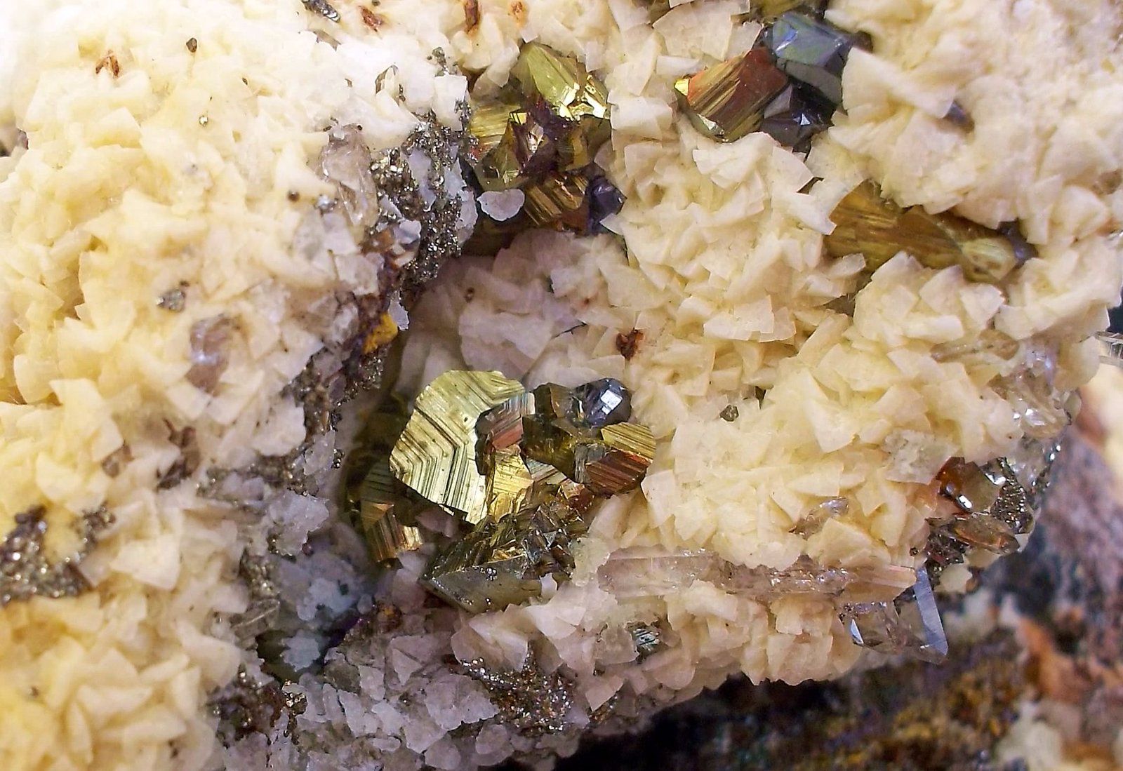 Calcopirita, esfalerita, cuarzo y dolomita sobre siderita
Tamaño de la pieza 6 x 4 cm. Detalle de algunos cristales.
(Autor: Cristalino)