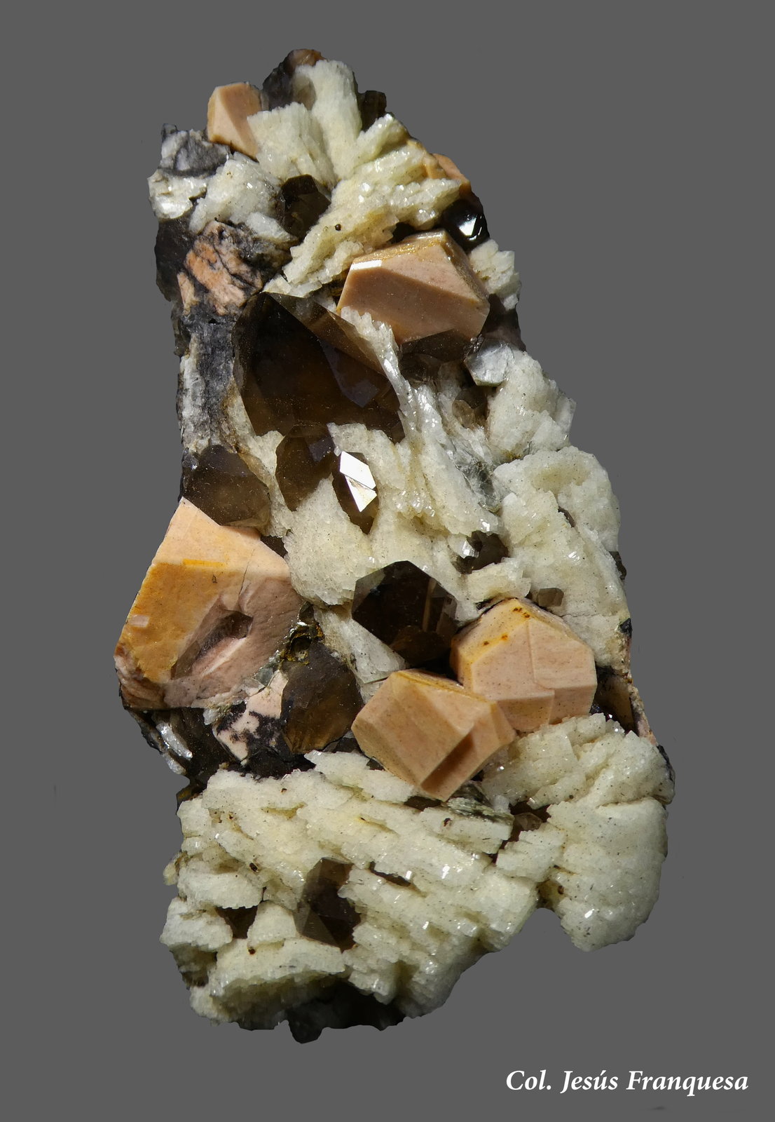 Microclina, Albita y Cuarzo.
80x45 mm.
(Autor: Jesus Franquesa Baucells)