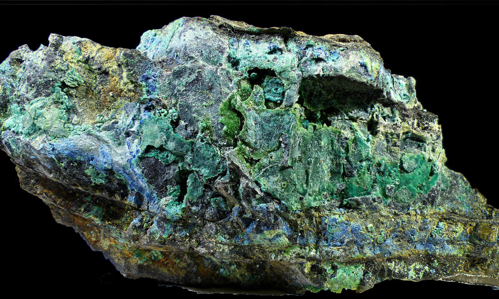 Libethenita, Pseudomalaquita, Azurita
6,5 x 2,5 x 1 cm
(Autor: Javier Rodriguez)