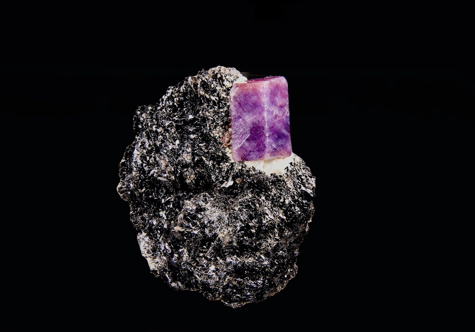Corindón (variedad policroma rubi-zafiro), Moscovita, Piropo
6,6 x 5,8 cm.
(Autor: Xavier bordas)