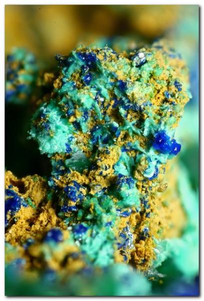 Brochantita, azurita.
Encuadre 4 mm.
(Autor: Rafa Muñoz(mineralvarado))