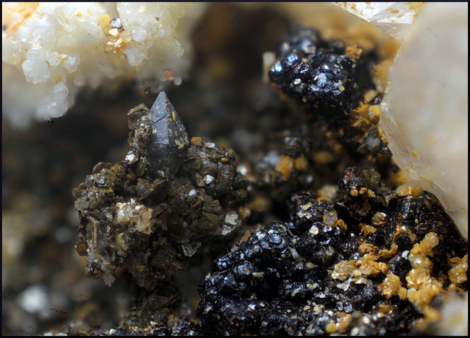 Anatasa, Moscovita, Albita y Goethita.
Campo de visión de 8 mm.
(Autor: Antonio Carmona)