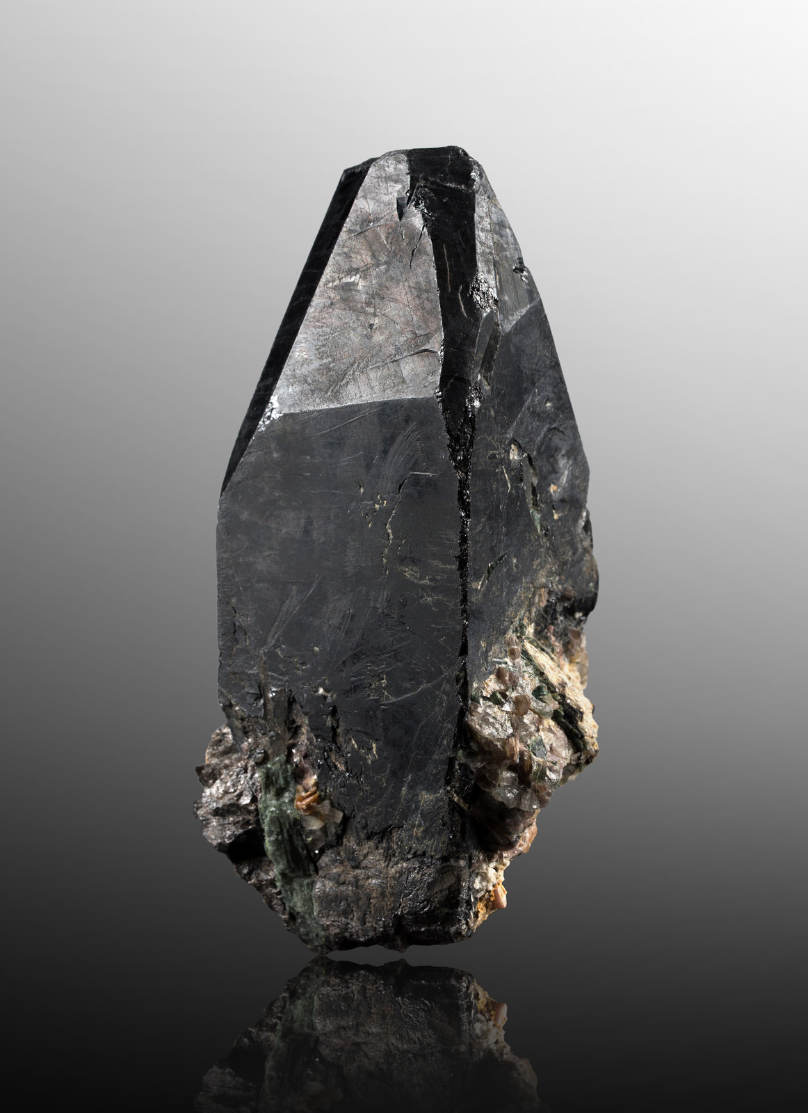 Bismutotantalita zonada con Bismuto y Stibiotantalita (variedad nióbica) y con Albita y Turmalina (Grupo)
7 x 6 x 16 cm
(Autor: Museo MIM)