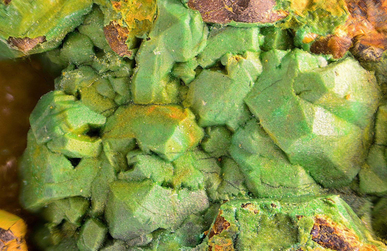 Brochantita recubriendo cristales de esfalerita.
Campo de visión de 5 mm.
(Autor: Antonio Carmona)