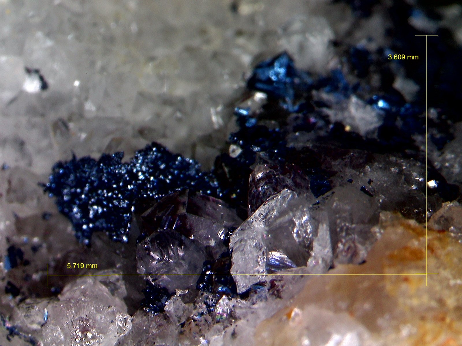Covellita y Cuarzo.
5´719 x 3´609 mm.
(Autor: Jesus Franquesa Baucells)