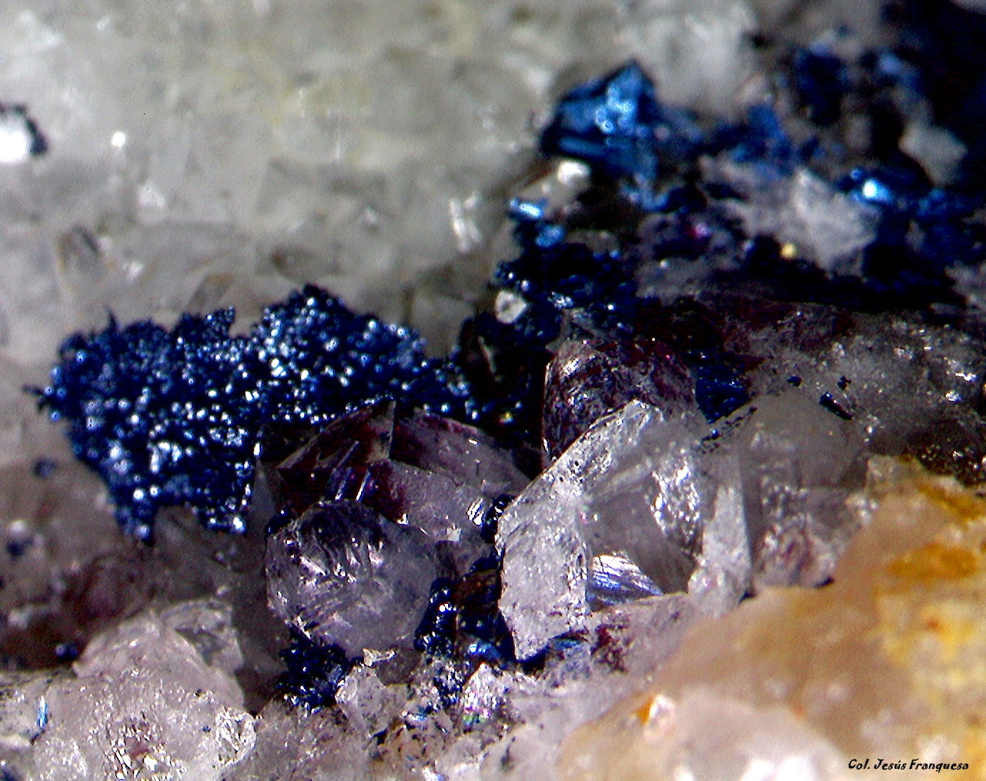 Covellita (Covellina) y Cuarzo.
5´719 x 3´ 609 mm.
(Autor: Jesus Franquesa Baucells)