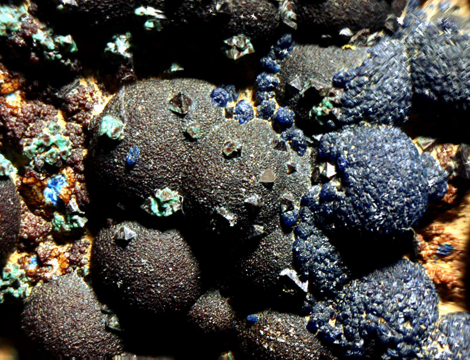 Cuprita sobre Tenorita y Azurita
Campo de visión de 2 mm.
(Autor: Antonio Carmona)