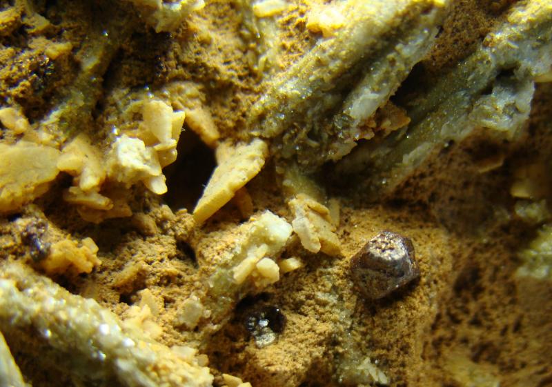 Microclina, moscovita (variedad sericita), pirita
Cristal 3 mm aprox.
(Autor: D.N.S.Borràs)