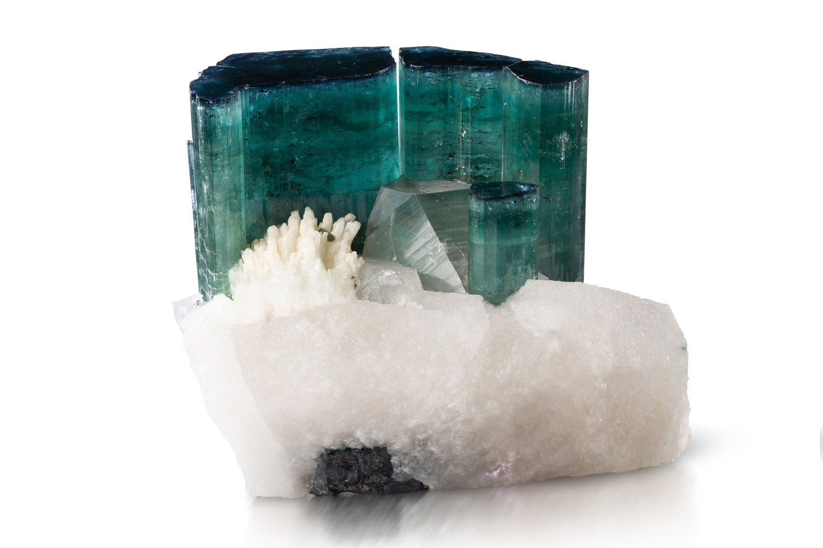 Elbaíta [Elbaite] (variedad indicolita) con Cuarzo [Quartz] y Albita [Albite] (variedad cleavelandita)
18 x 13 x 14 cm / cristal principal: 15.5 cm
(Autor: Museo MIM)