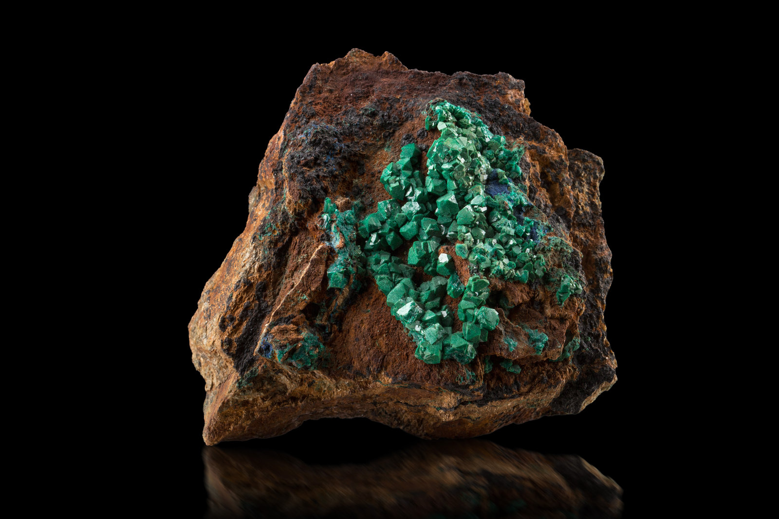 Eucroíta con Azurita y Tenorita
10.5 x 10 x 5 cm / Cristal principal: 0.7 cm.
(Autor: Museo MIM)