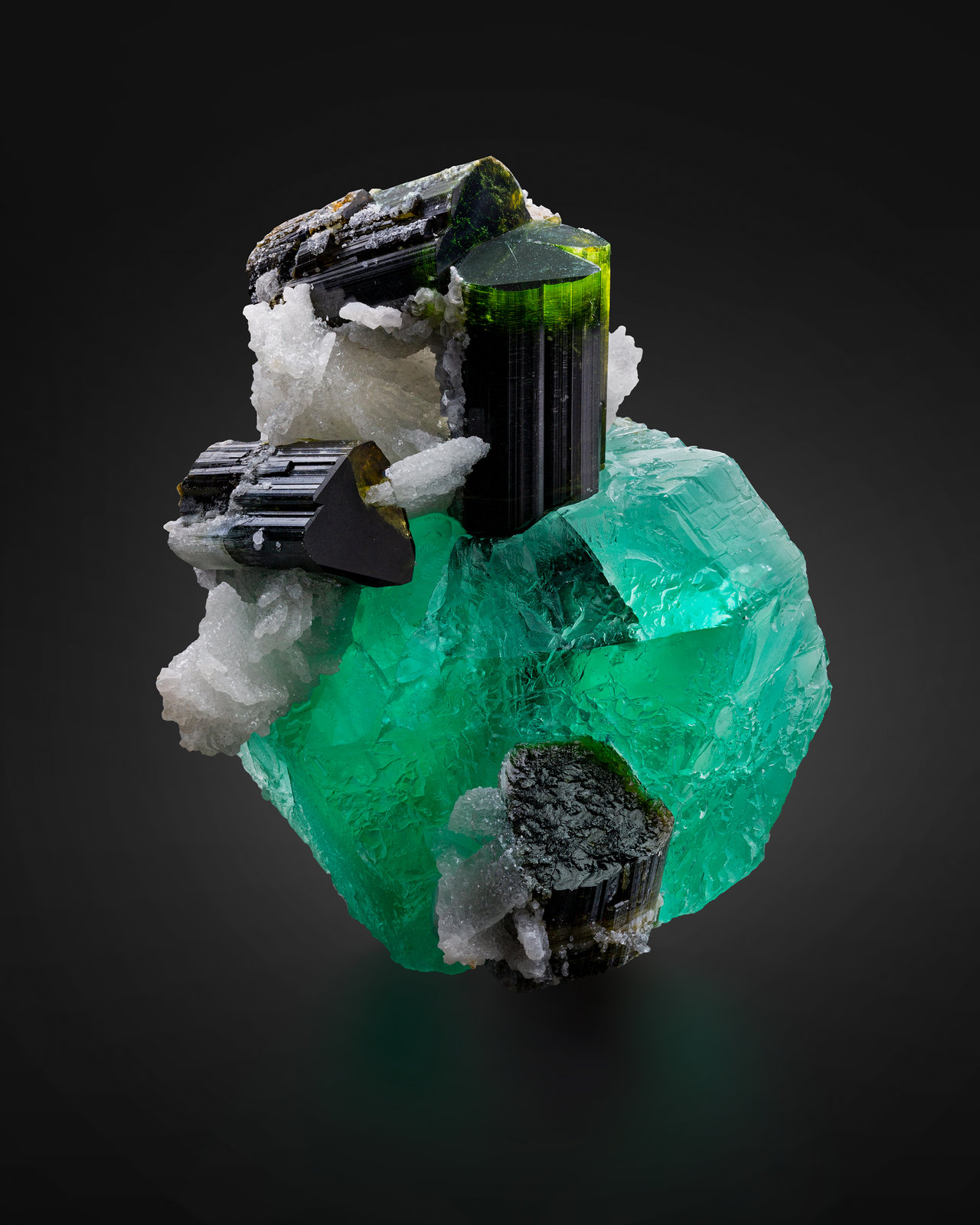 Fluorita con Turmalina (Grupo) y Albita (variedad cleavelandita)
6.5 x 6.5 x 8 cm / cristal principal: 6.1 cm
(Autor: Museo MIM)
