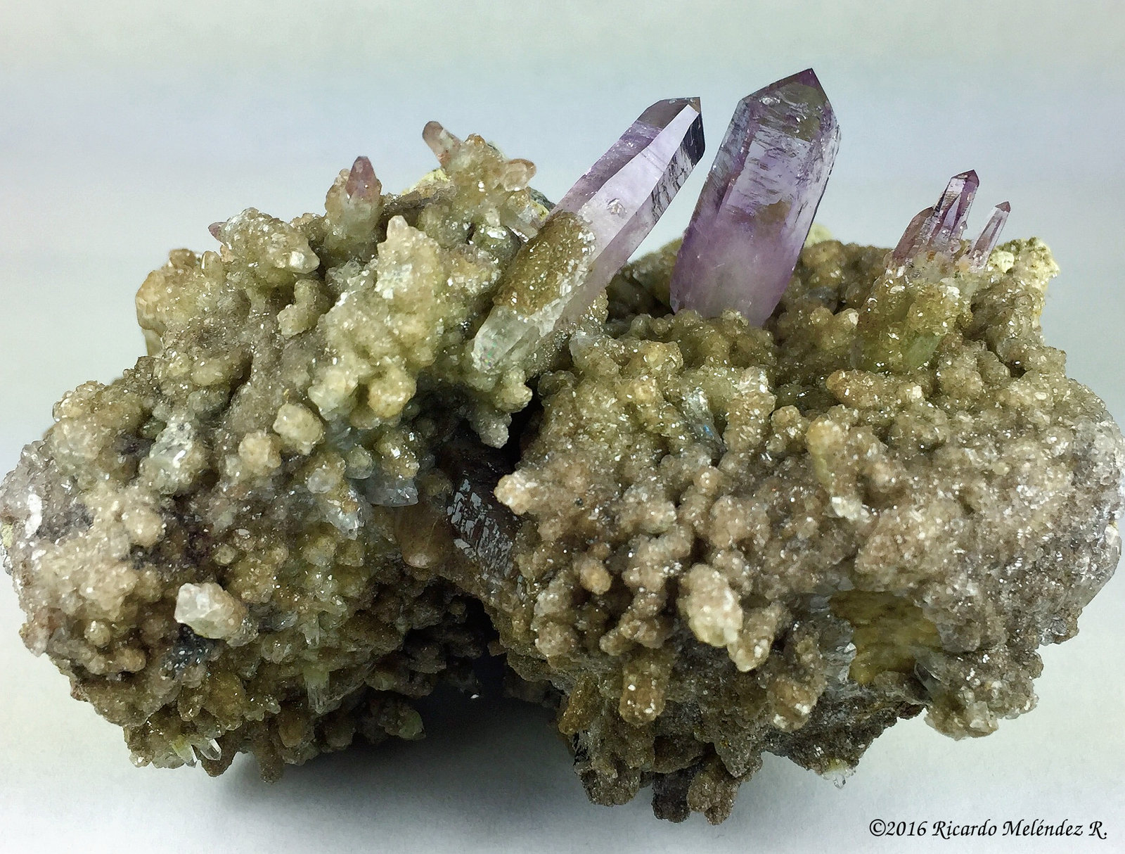 Cuarzo (variedad amatista), Calcita
10.5 x 9 x 6.5 centimetros
(Autor: Ricardo Melendez)