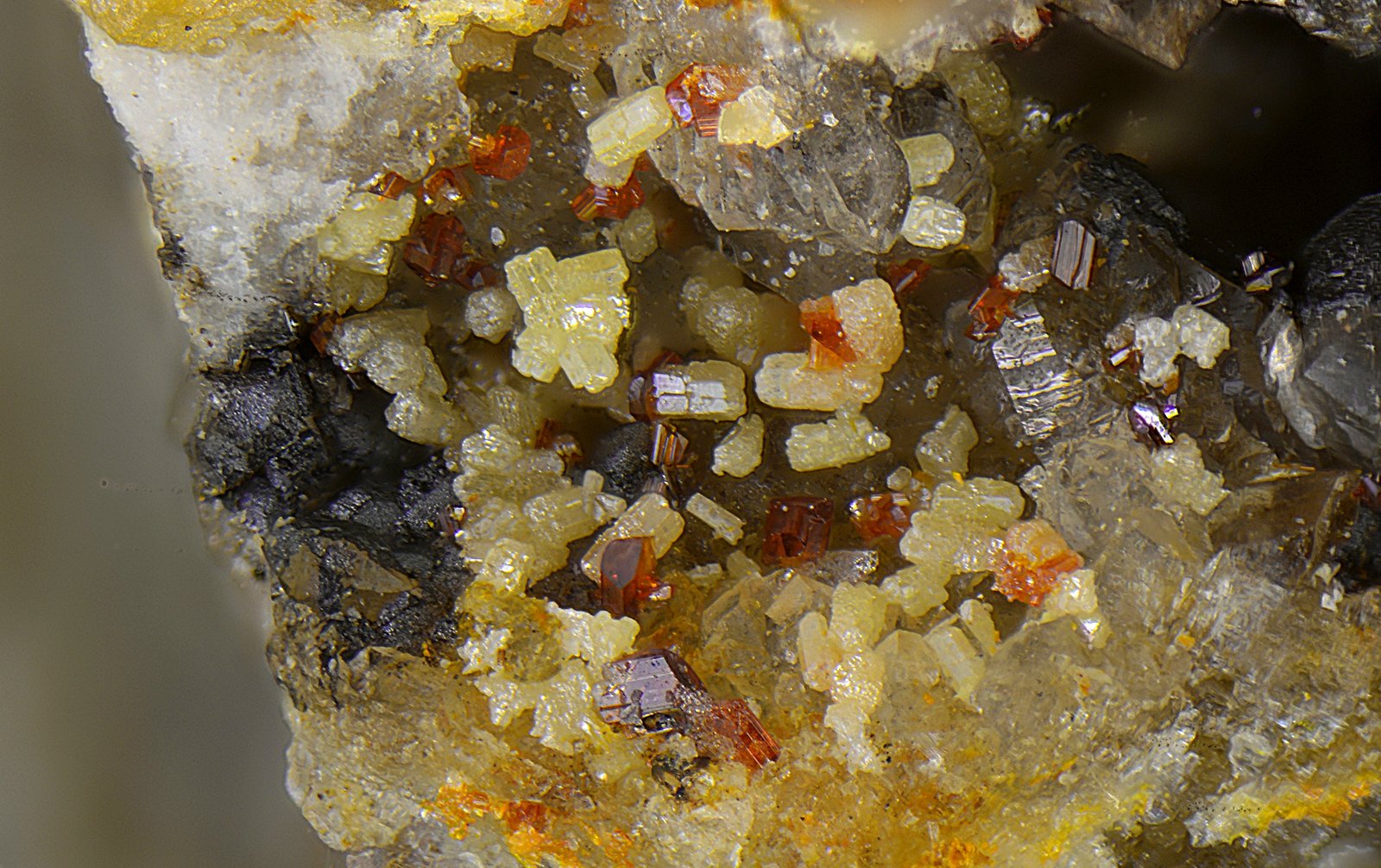 Vanadinita y Calderonita.
Campo de visión de 2 mm.
(Autor: Antonio Carmona)