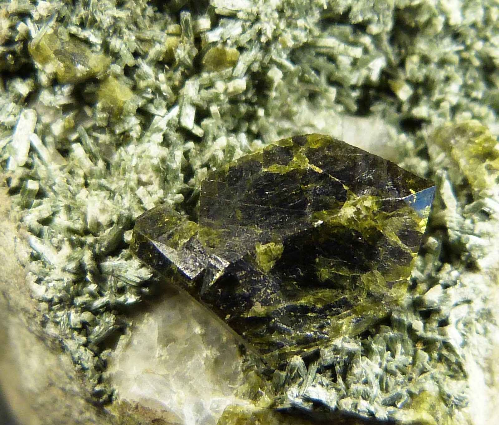 Epidota con Anfíbol (variedad uralita)
5 x 5,5 x 3 cm.
(Autor: Felipe Abolafia)