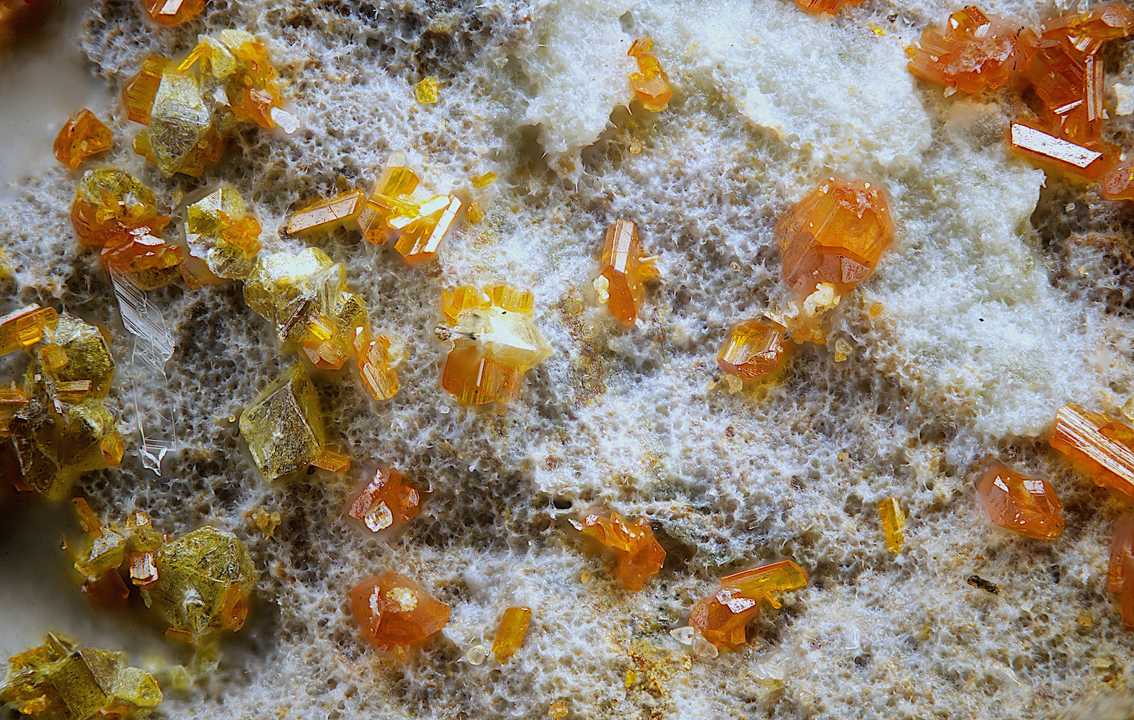 Calderonita y descloizita.
Campo de visión de 1 mm.
(Autor: Antonio Carmona)