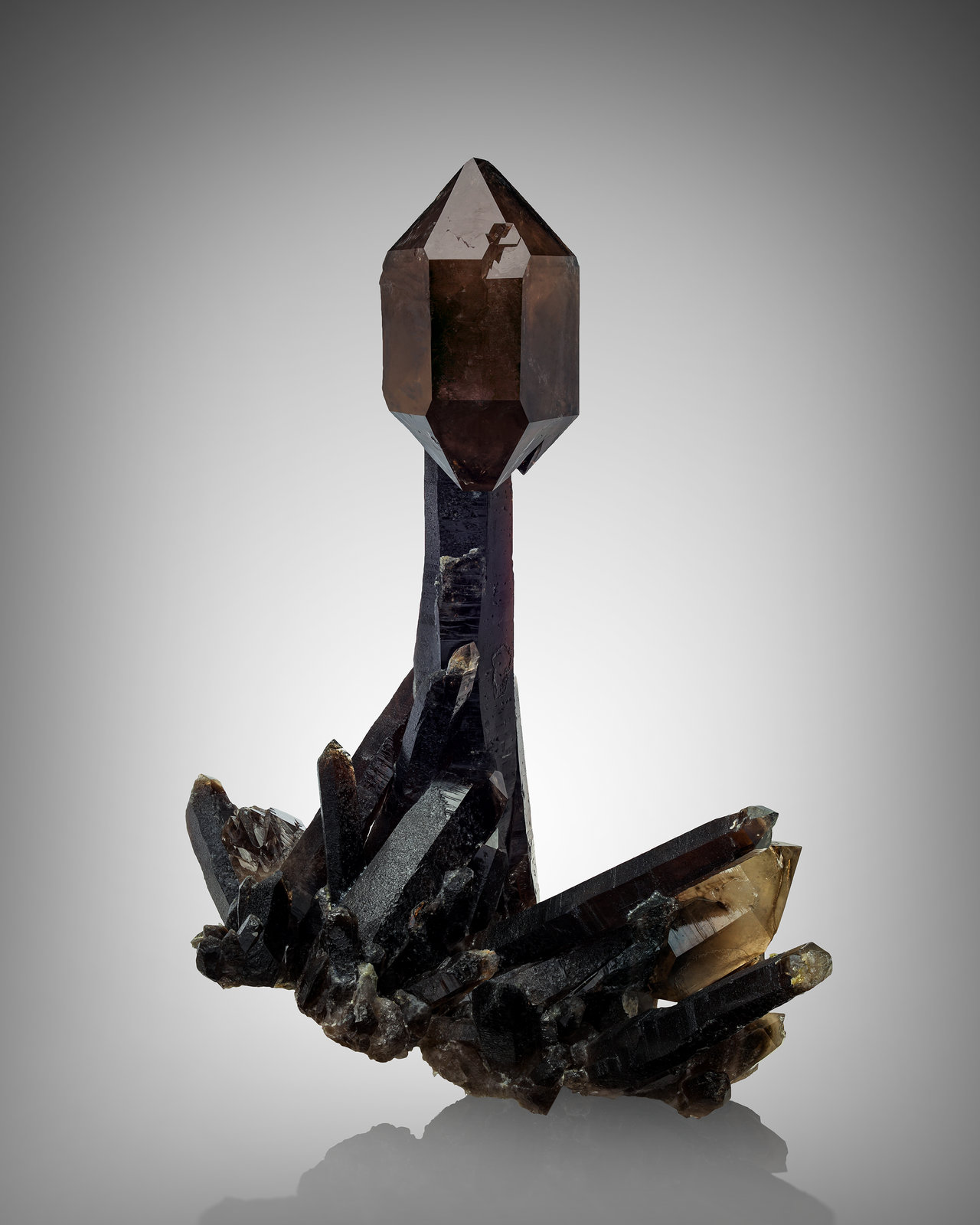 Cuarzo (variedades ahumado y cetro)
22.5 x 17 x 30 cm / cristal principal: 29 cm
(Autor: Museo MIM)