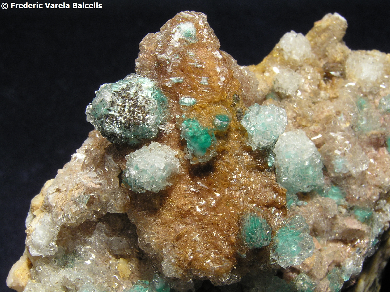 Rosasita, yeso y dolomita
Encuadre 4 x 3 cm. aprox.
(Autor: Frederic Varela)