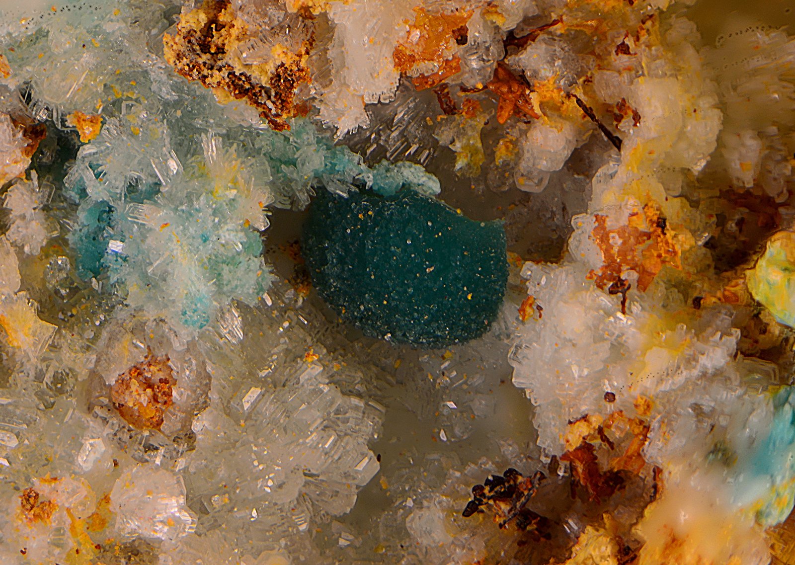 Rosasita sobre hemimorfita
Campo de visión de 4 mm.
(Autor: Antonio Carmona)