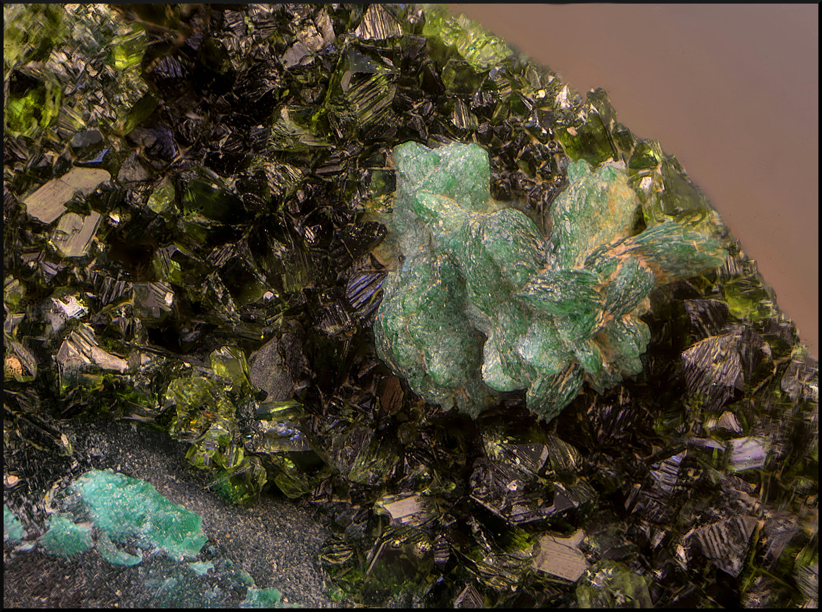Pseudomalaquita sobre Libethenita.
Campo de visión de 4 mm.
(Autor: Antonio Carmona)
