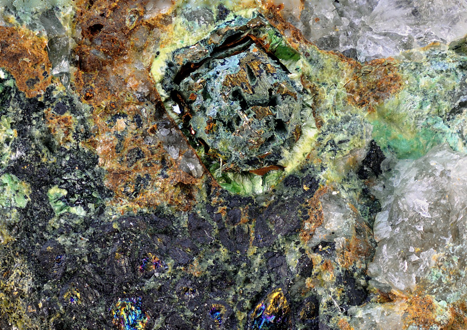 Uranofana-β, torbernita, uraninita, calcopirita y pirita.
Campo de visión de 7 mm.
(Autor: Antonio Carmona)